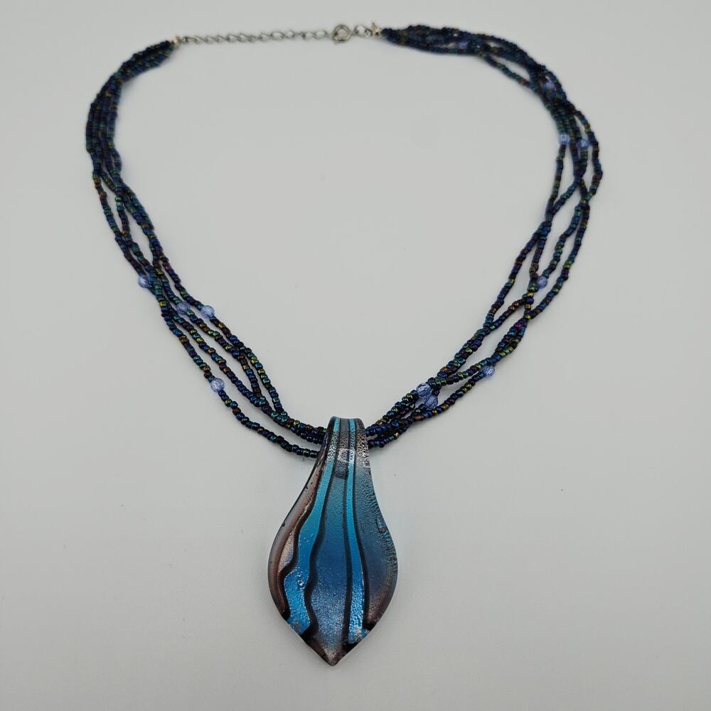 Glass Pendant Seed Bead Necklace Blue Black Iridescent Dark Fairy Forest Nymph